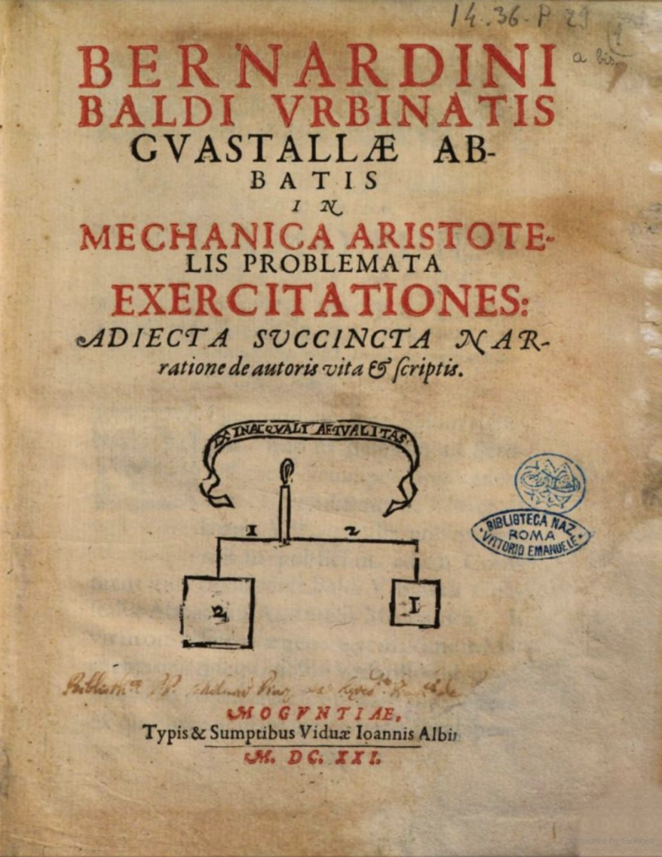 Title page of Bernardino Baldi's 1621 In mechanica Aristotelis problemata exercitationes.