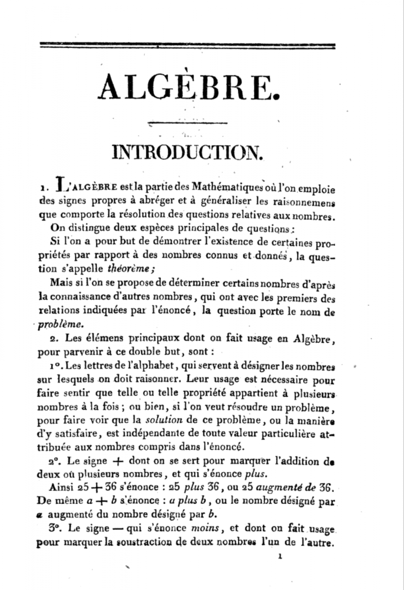 First page of 1820 second edition of Bourdon's Algebra.