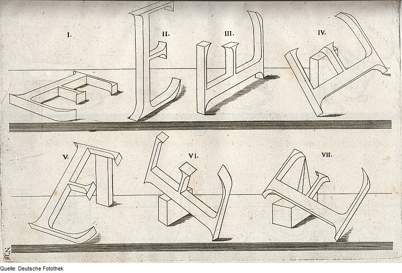 Plate showing the letter E drawn in perspective from Brunn's 1615 Praxis Perspectivae.