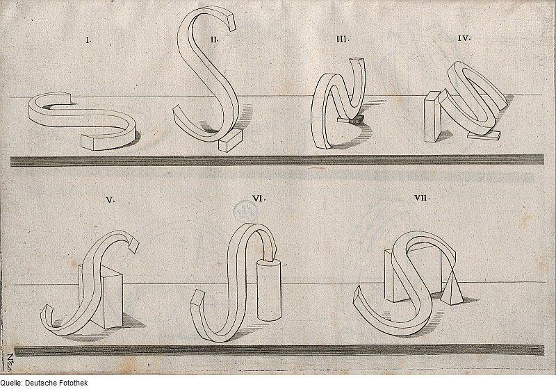 Plate showing the letter S drawn in perspective from Brunn's 1615 Praxis Perspectivae.