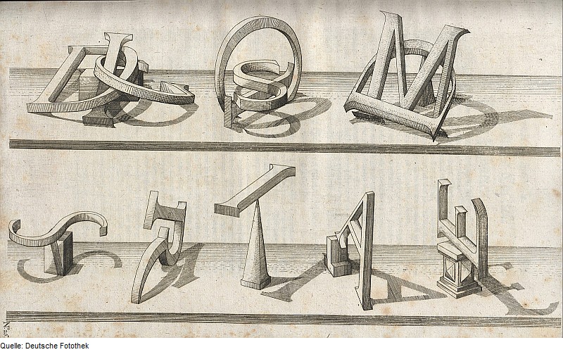 Plate showing a variety of letters drawn in perspective from Brunn's 1615 Praxis Perspectivae.