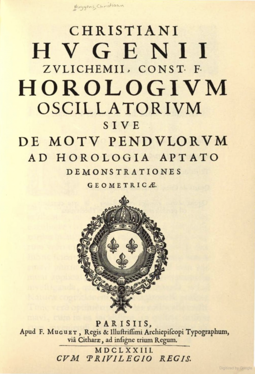 Title page of Horologium Oscillatorium by Christiaan Huygens (1673).