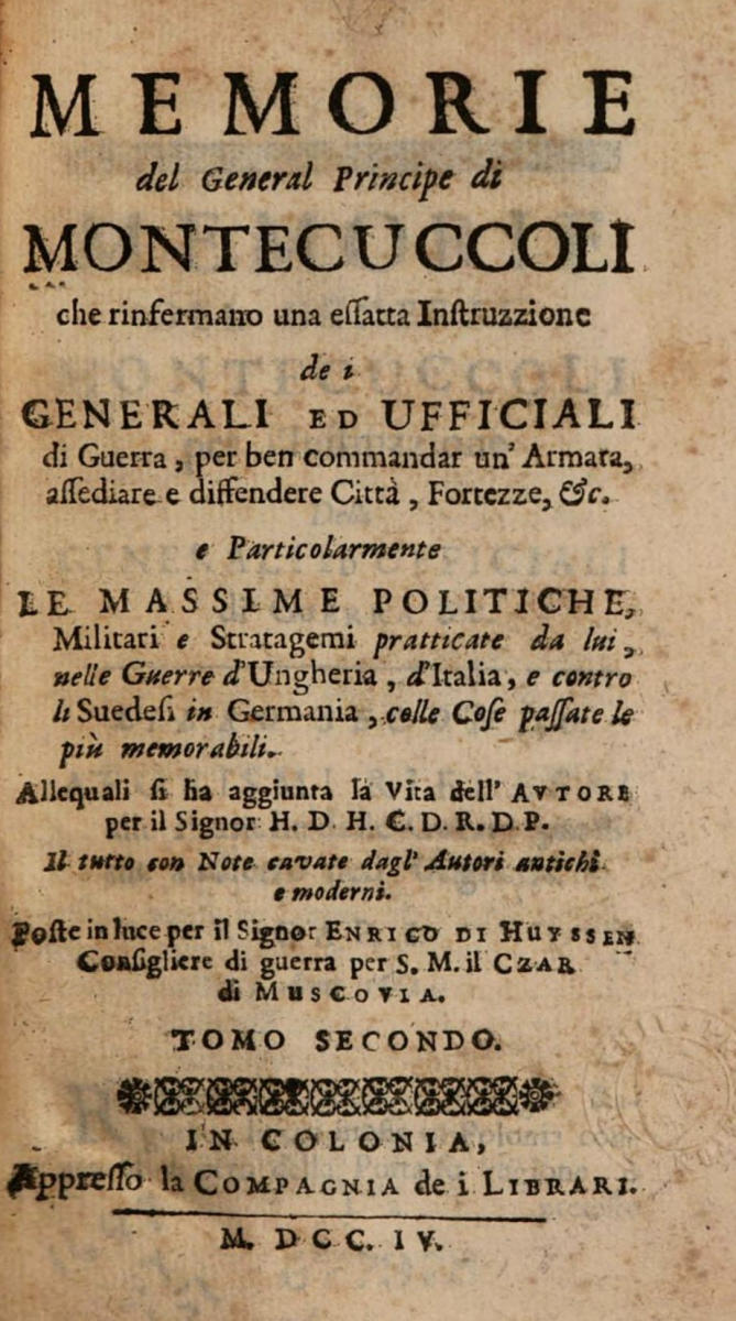 Title page from 1704 Italian printing of Raimondo Montecuccoli's memoir on warfare.