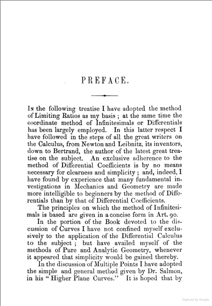 First page of preface from Benjamin Williamson's 1872 An Elementary Treatise on the Differential Calculus.
