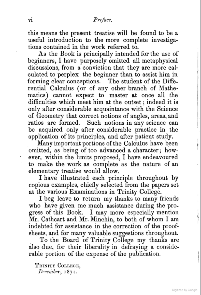 Page vi from Benjamin Williamson's 1872 An Elementary Treatise on the Differential Calculus.