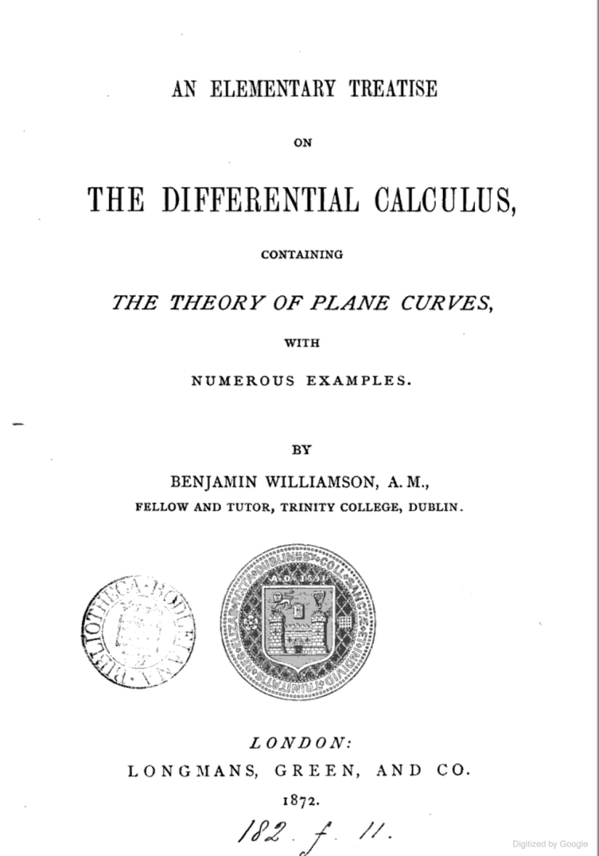 Title page from Benjamin Williamson's 1872 An Elementary Treatise on the Differential Calculus.