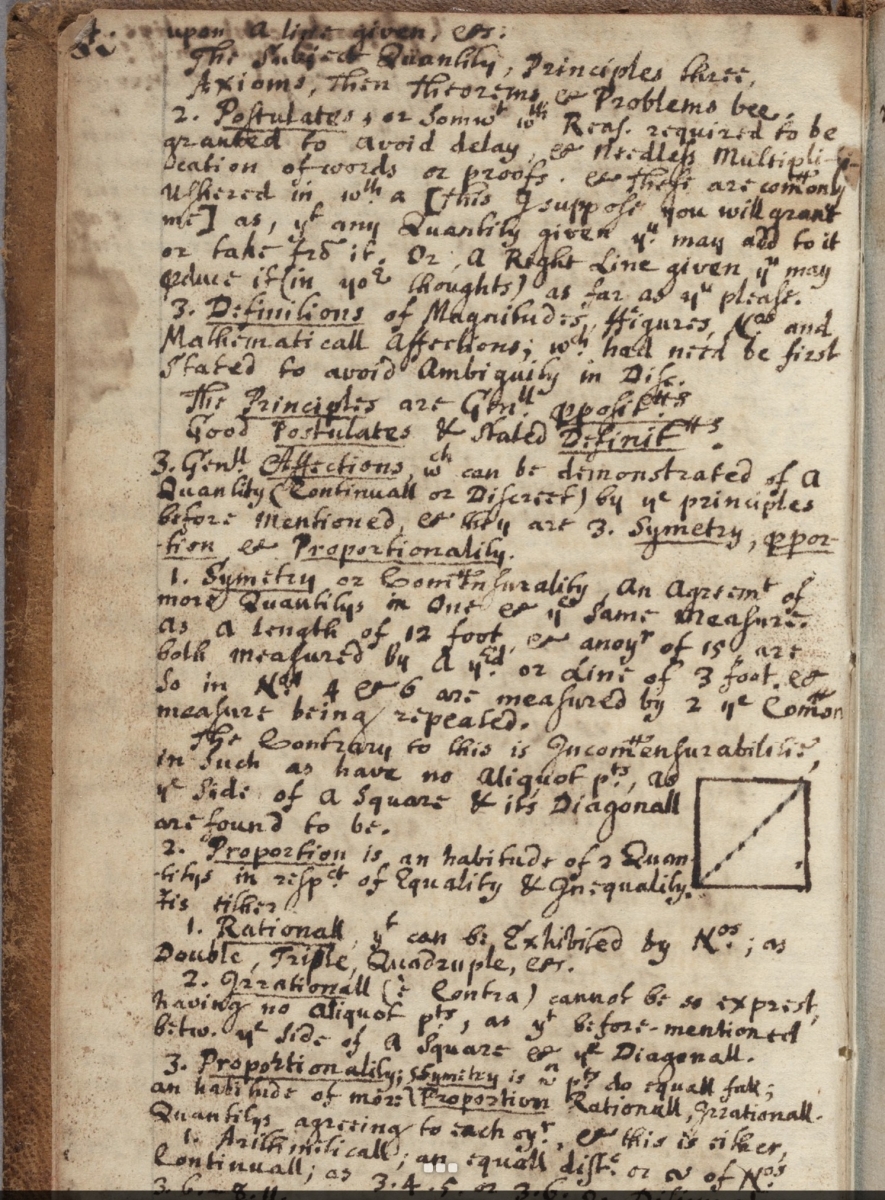 Page on mathematical definitions from an 18th-century Harvard notebook.