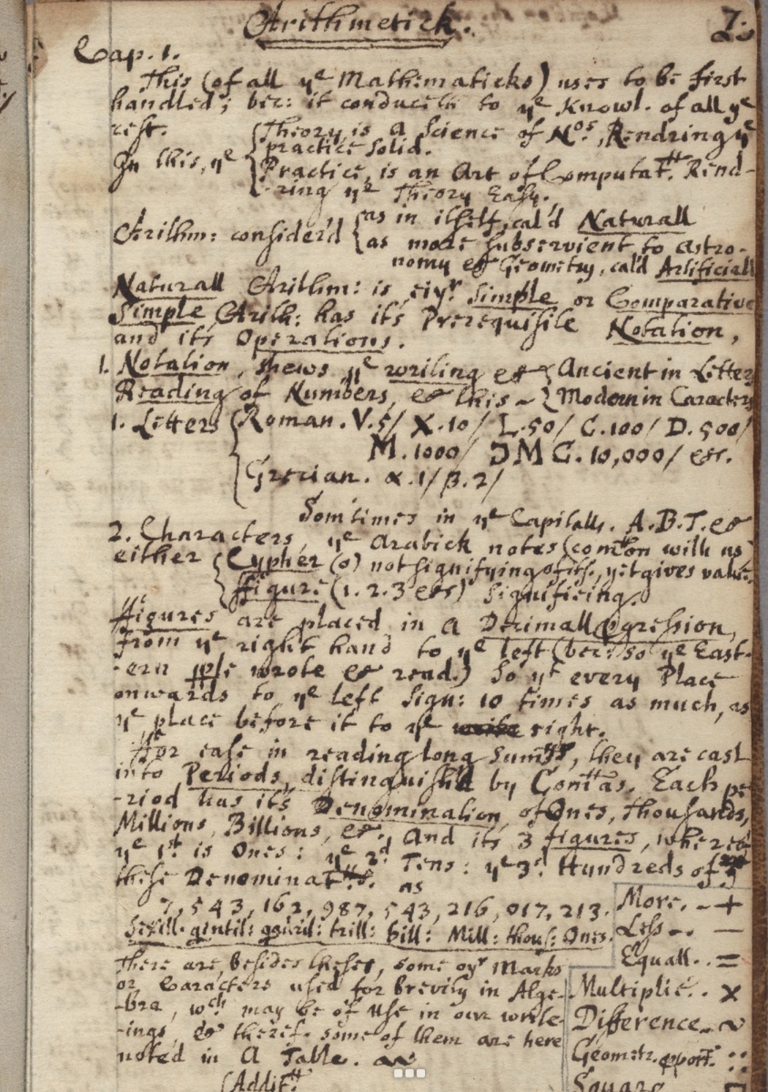 Page on first principles of arithmetic from an 18th-century Harvard notebook.