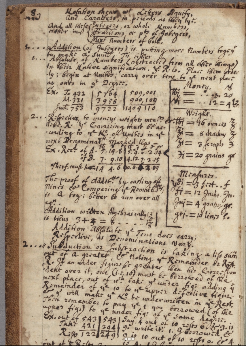 Page on addition and subtraction from an 18th-century Harvard notebook.