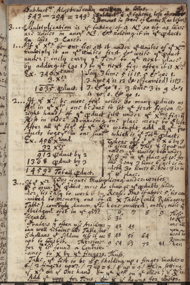 Page on multiplication from an 18th-century Harvard notebook.