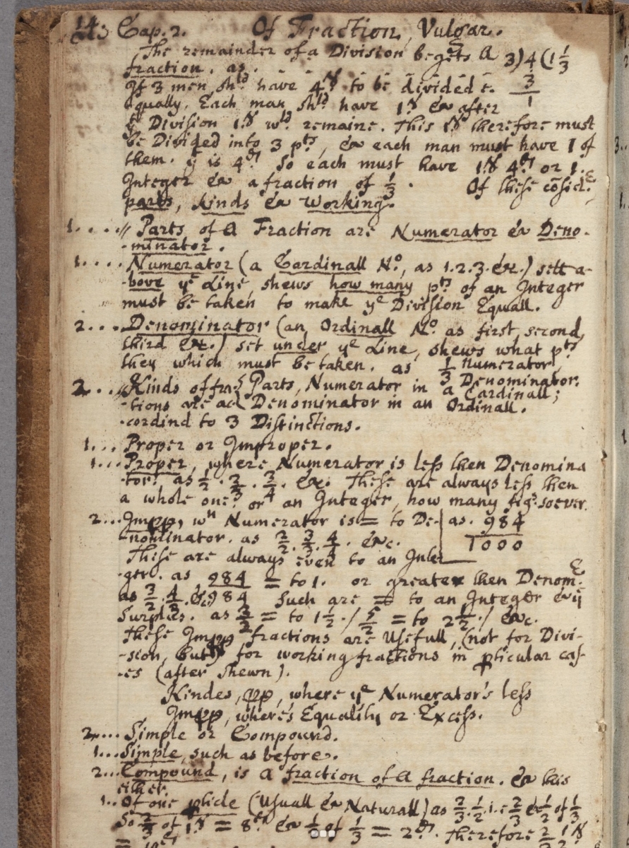 Page on vulgar fractions from an 18th-century Harvard notebook.