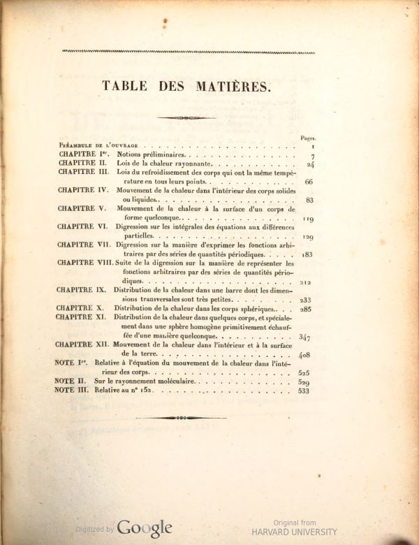 Table of contents from Théorie mathématique de la chaleur by Siméon-Denis Poisson, 1835