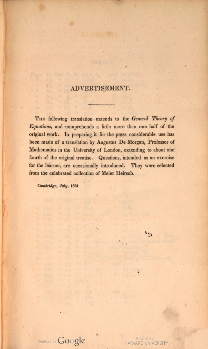 Advertisement from Emerson/Farrar's 1831 translation of Bourdon's Algebra.