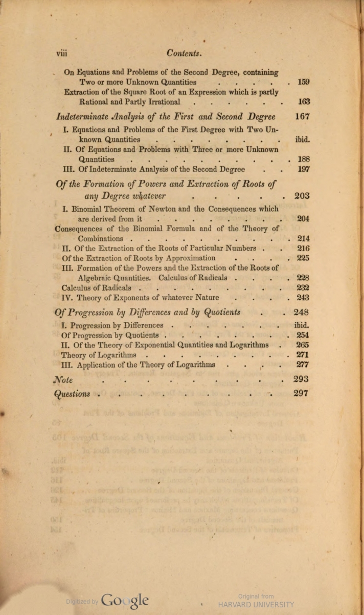 Table of contents from Emerson/Farrar's 1831 translation of Bourdon's Algebra, page 2.
