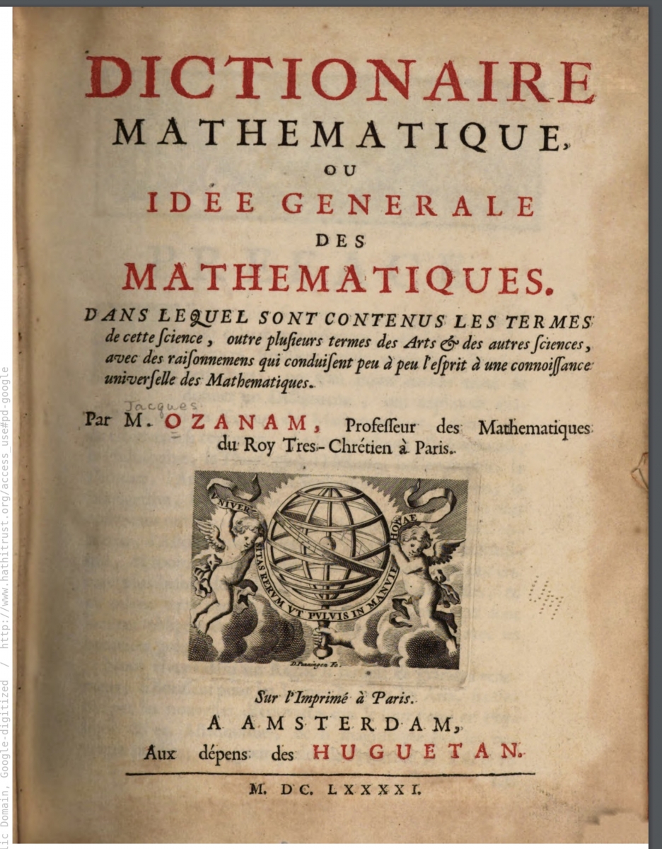 Title page of Jacques Ozanam’s 1691 mathematical dictionary.