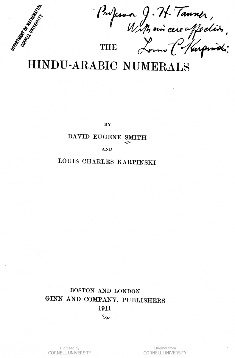 Title page of The Hindu-Arabic Numerals (1911) by Smith and Karpinski, with inscription to J. H. Tanner.