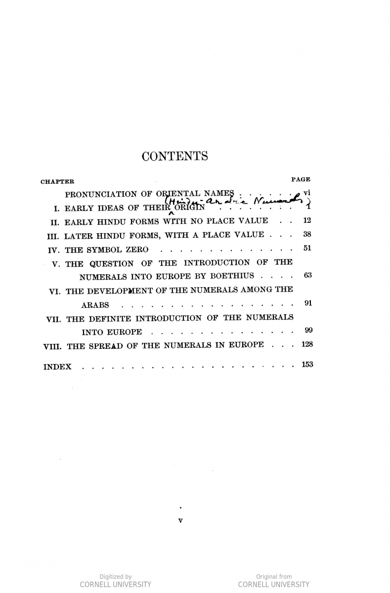 Table of contents for The Hindu-Arabic Numerals (1911) by Smith and Karpinski.