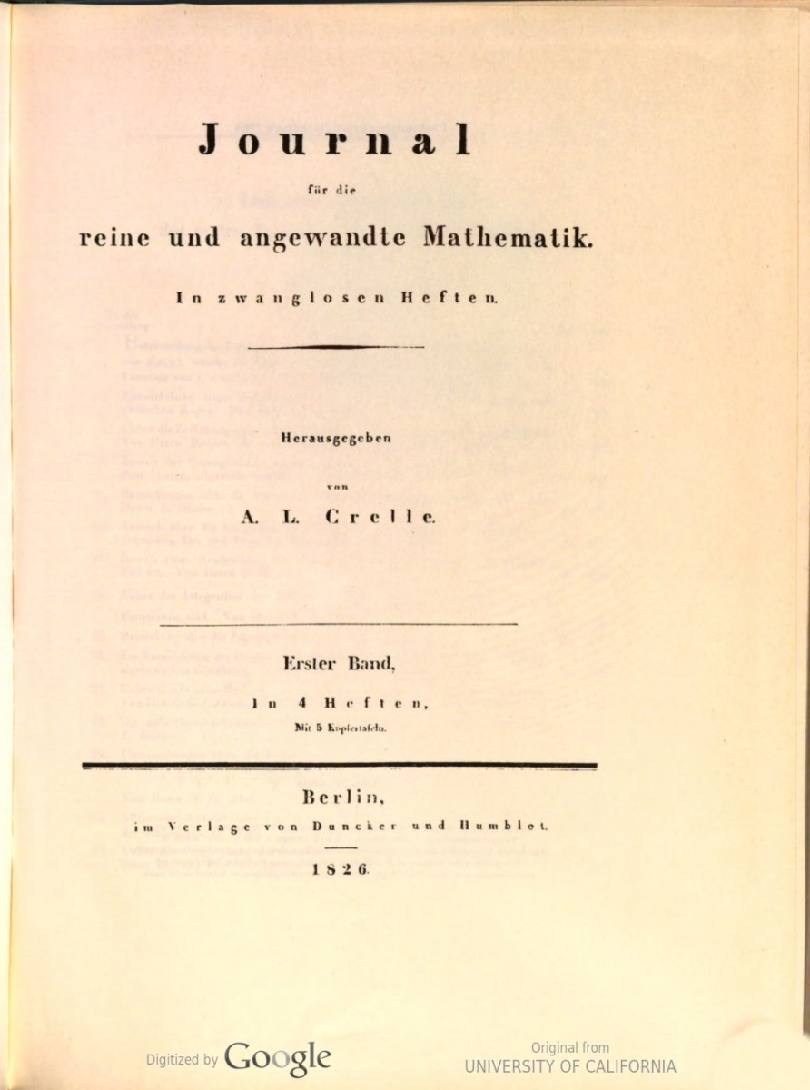 Title page of 1st volume of Crelle's journal (1826).
