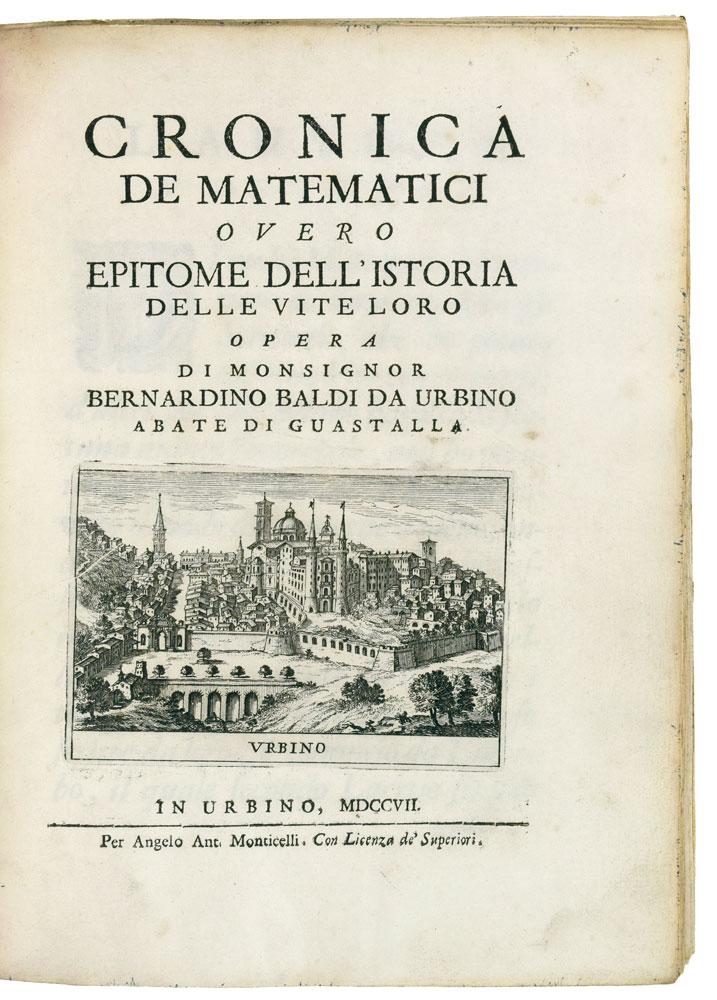 A 1707 printed edition of Bernardino Baldi's Cronica de Matematici.