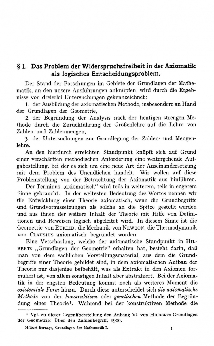 First text page of Hilbert and Bernays's 1934 Grundlagen der Mathematik, volume 1.