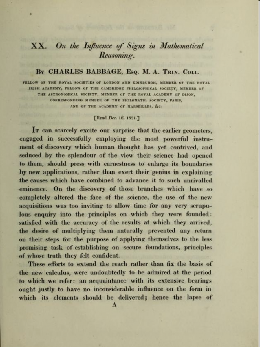First page of Babbage's article, “On the influence of signs in mathematical reasoning.”