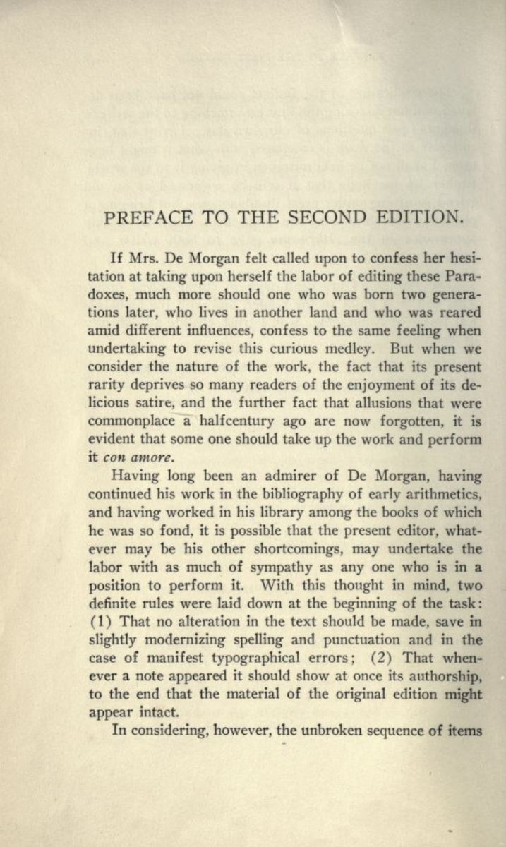 First page of D. E. Smith's preface to De Morgan's Budget of Paradoxes (1915).