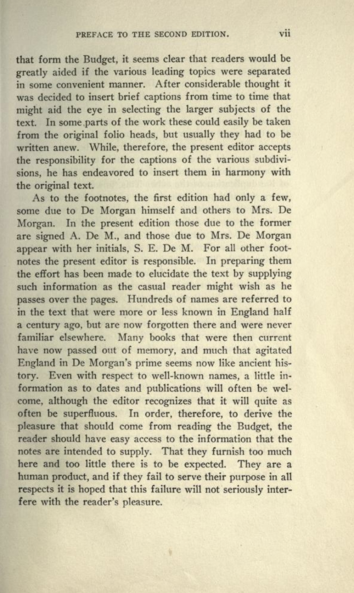 Second page of D. E. Smith's preface to De Morgan's Budget of Paradoxes (1915).