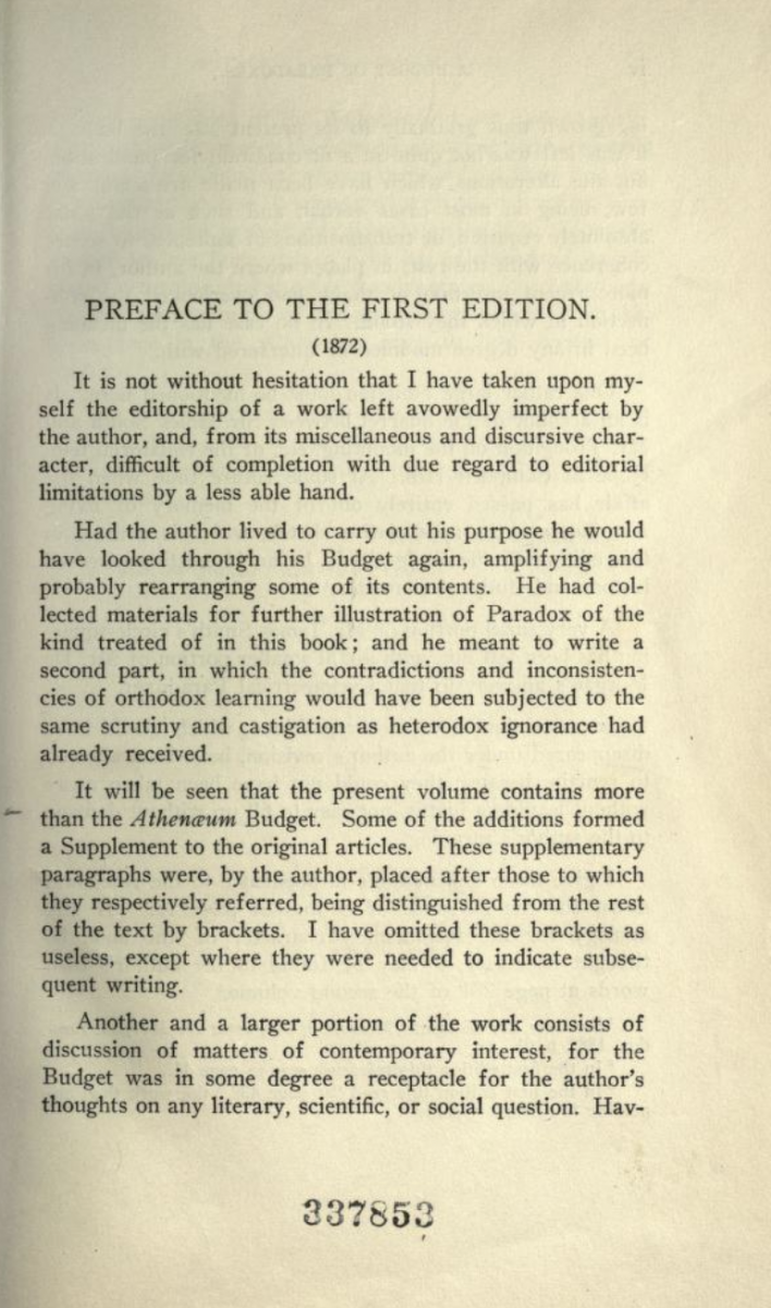 First page of Sophia's preface to De Morgan's Budget of Paradoxes (1915).