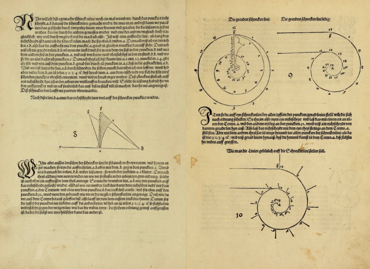 Pages 6-7 from Durer's 1525 treatise on geometrical constructions.