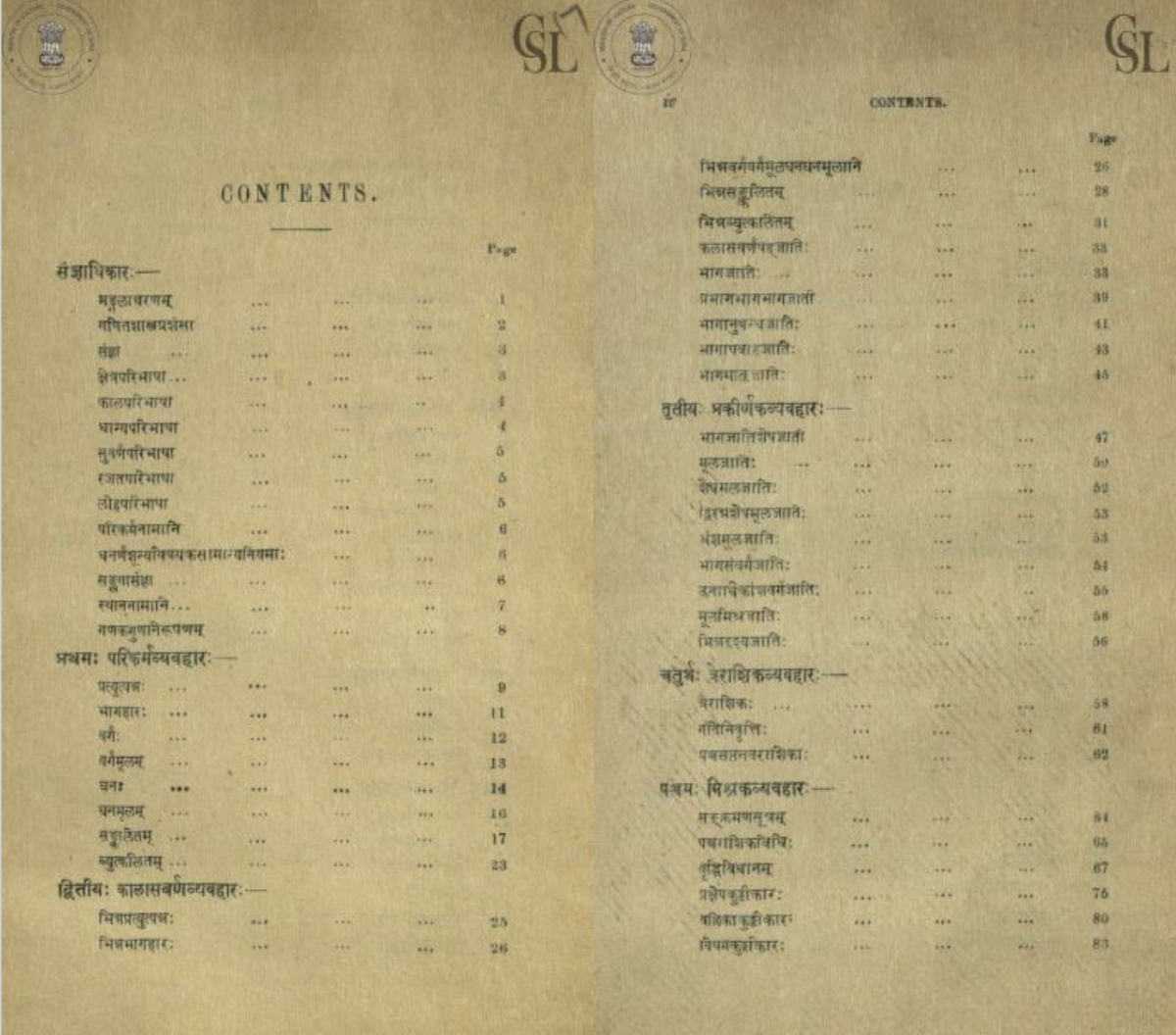 Sanskrit table of contents for 1912 translation of Mahavira's Ganita-sāra-sangraha.