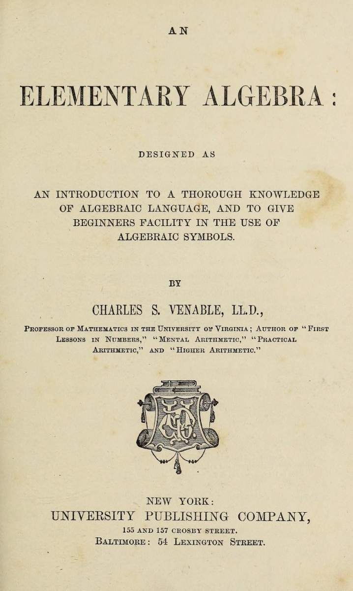 Title page of Venable's 1869 Elementary Algebra.