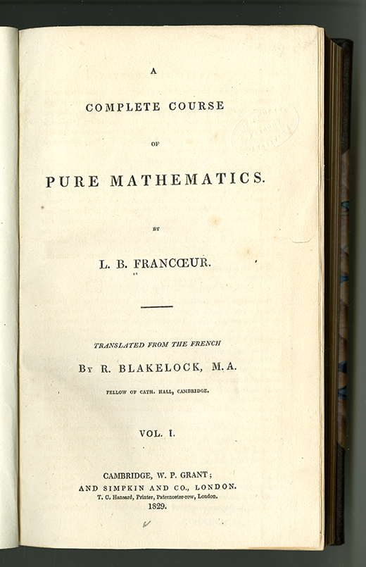 Title page of Complete Course in Pure Mathematics by Francoeur, translated by Blakelock, vol. 1, 1829 
