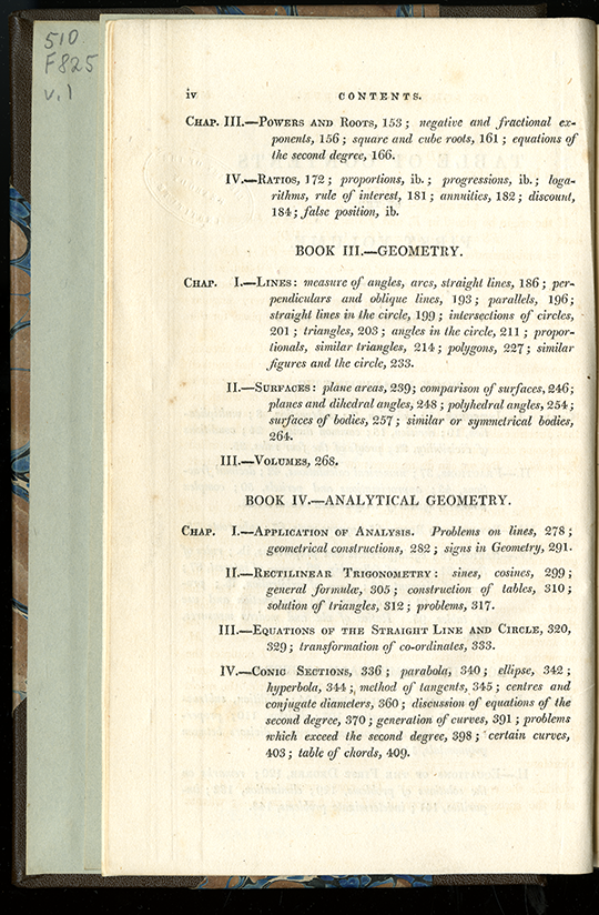 Second page of table of contents for Complete Course in Pure Mathematics by Francoeur, translated by Blakelock, vol. 1, 1829
