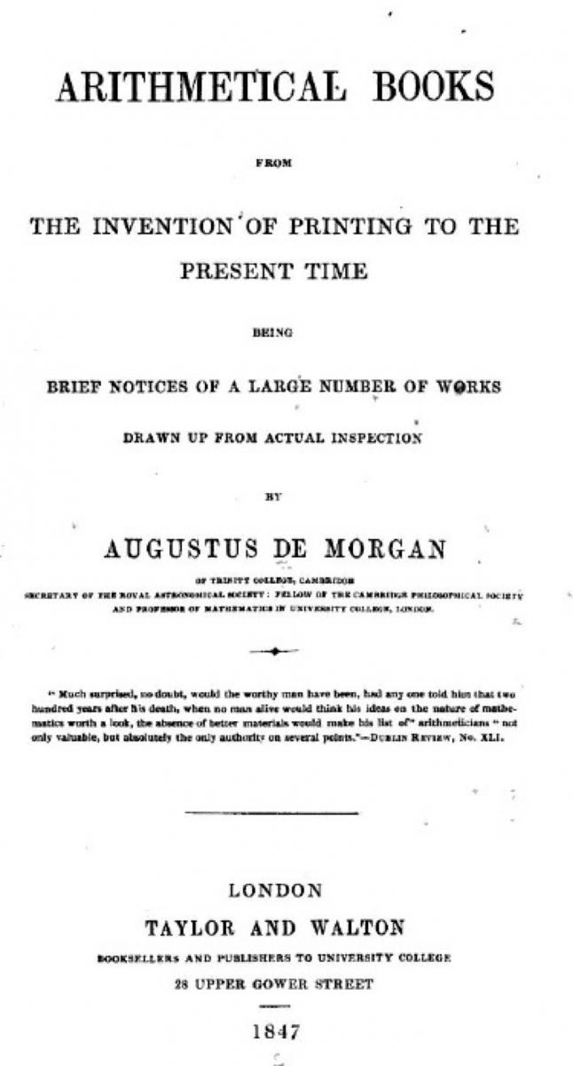 Title page for De Morgan's 1847 bibliography of Arithmetical Books.