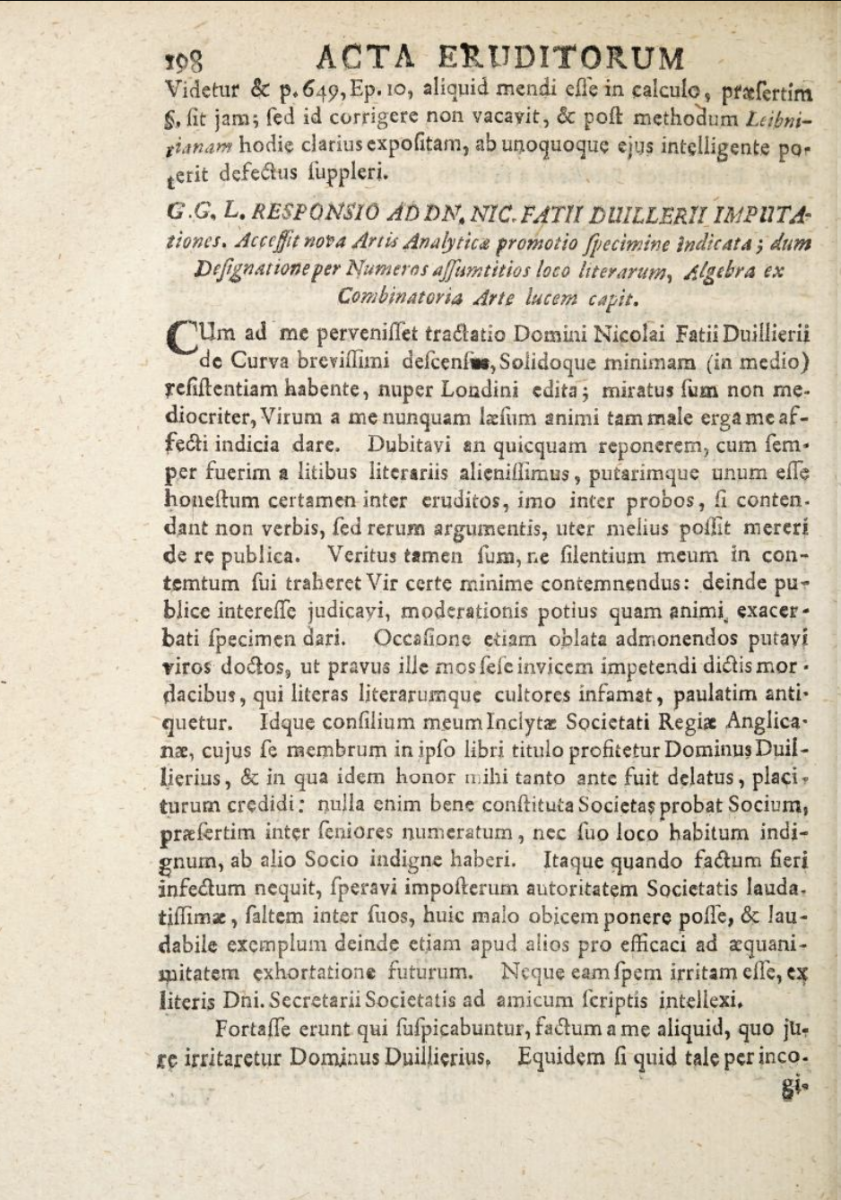 First page of Leibniz's response to Fatio.