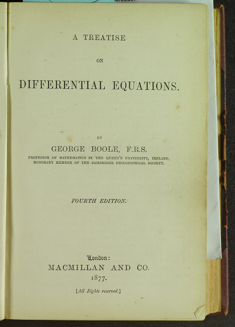Title page for 1877 printing of Boole's differential equations.