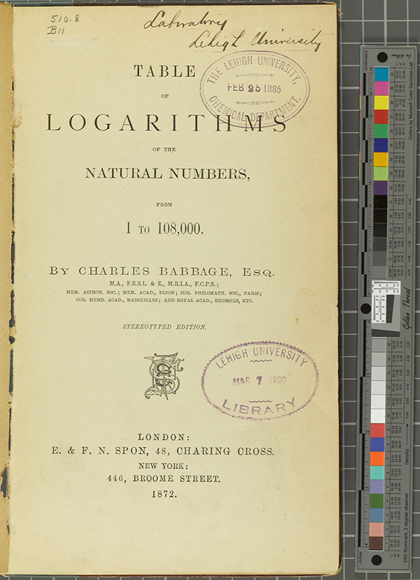 Title page of Charles Babbage's table of logarithms, 1872 edition.