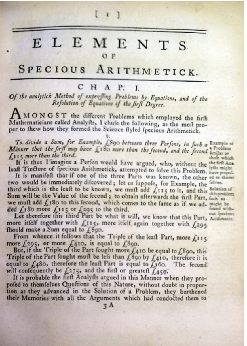 Section on specious arithmetic from 1772 second volume of Joseph Fenn's Instructions for a Drawing School.