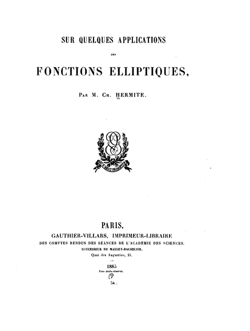 Title page of Sur quelques applications des fonctions elliptiques by Charles Hermite, 1885