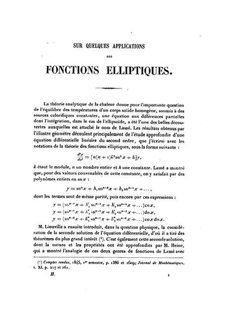 First page of Sur quelques applications des fonctions elliptiques by Charles Hermite, 1885
