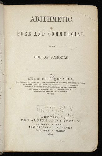 Title page of Venable’s 1868 Arithmetic, Pure and Commercial.