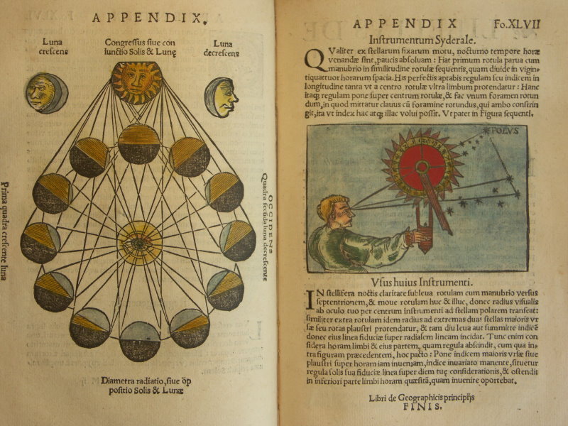 Hand-colored diagrams of the Earth-Moon-Sun and an observational instrument from a 1539 printing of Peter Apian's Cosmographia.