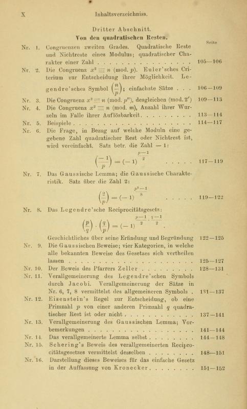 Third page of table of contents for Die Elemente der Zahlentheorie by Paul Bachmann, 1892