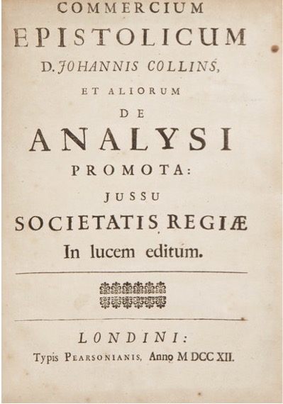 Title page of Commercium Epistolicum containing John Collins's materials on the calculus priority controversy.