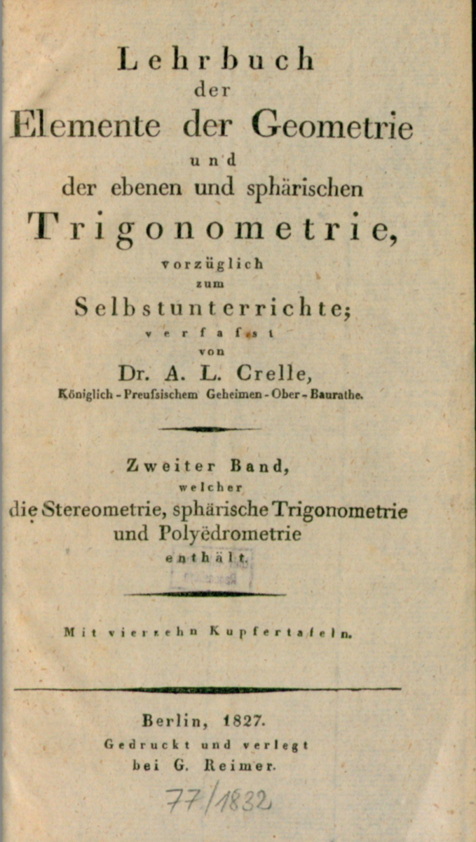 Title page of A. L. Crelle’s 1827 Lehrbuch der Elemente der Geometrie.