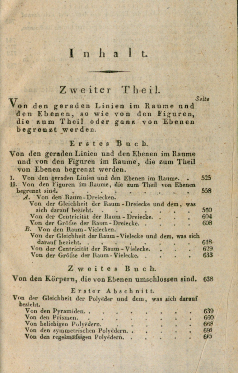 First page of table of contents for Crelle's 1827 geometry textbook.