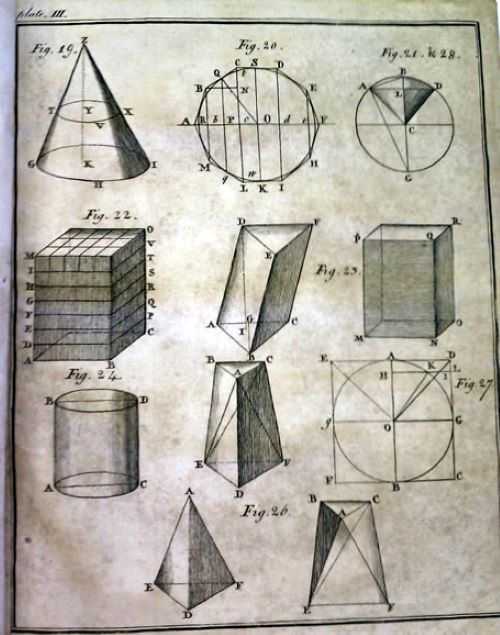Page of solid geometry diagrams from The Complete Accountant by Joseph Fenn, 1772