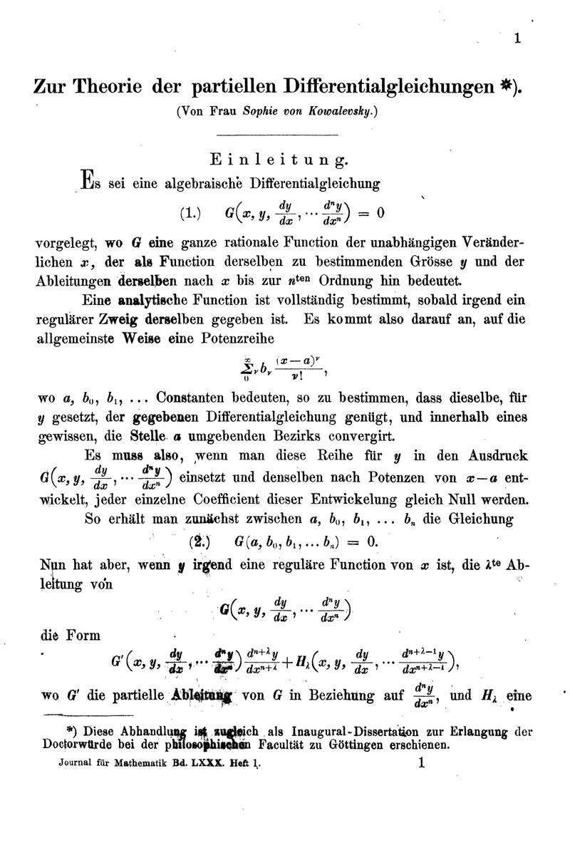First page of Kovalevskaya's 1875 article on partial differential equations.