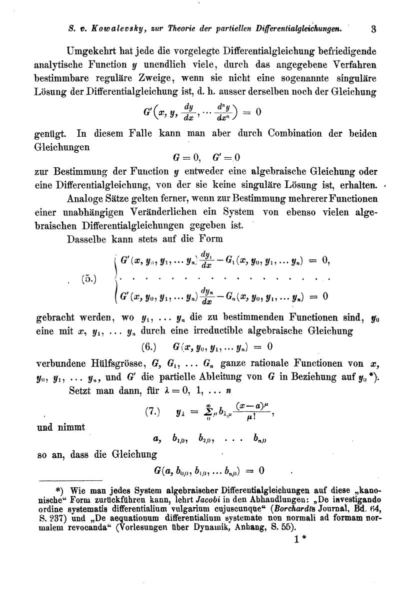 Third page of Kovalevskaya's 1875 article on partial differential equations.