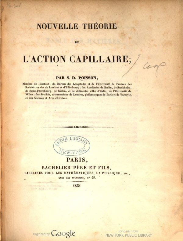 Title page of Nouvelle théorie de l'action capillaire by Siméon-Denis Poisson, 1831